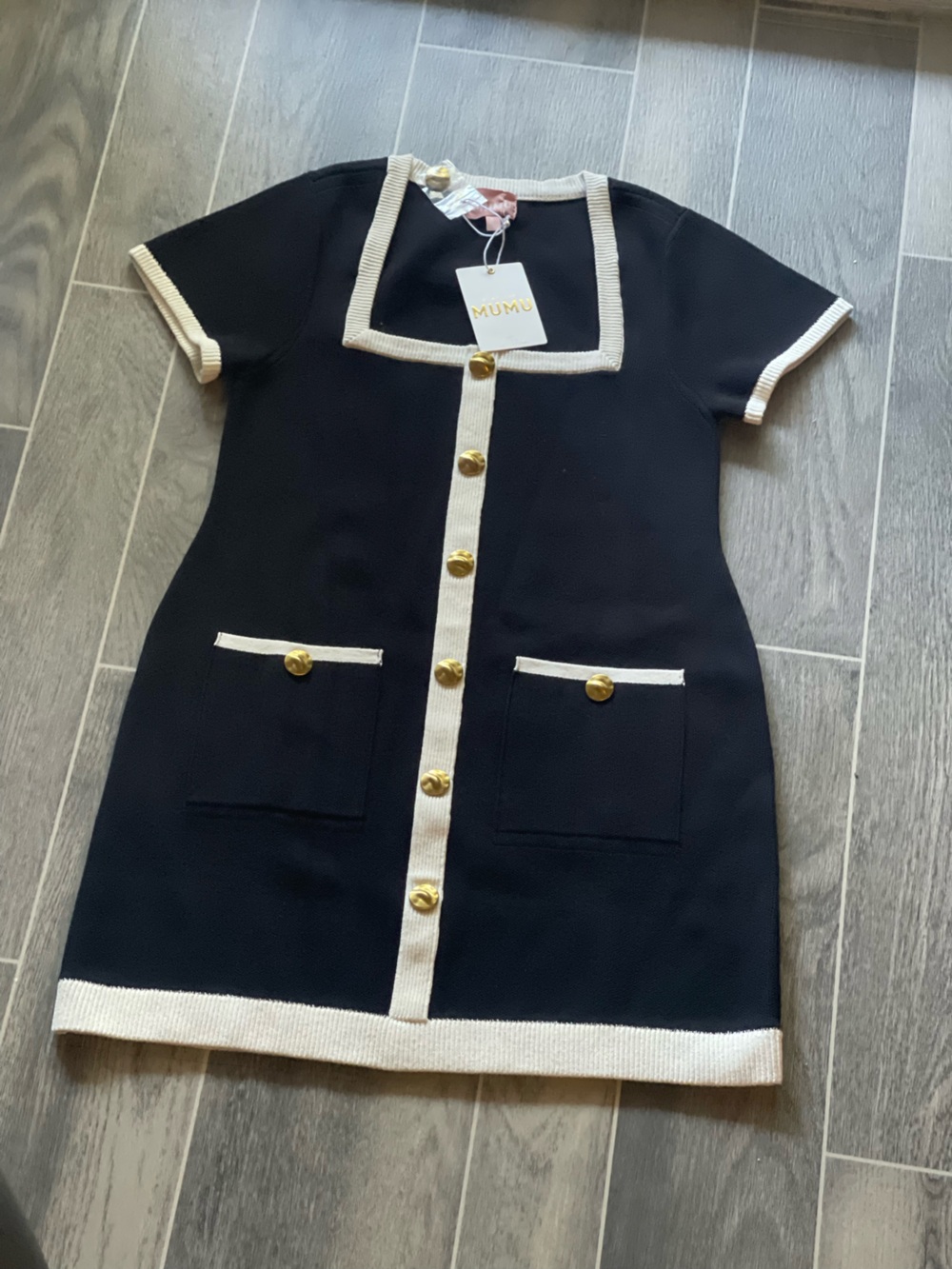 Show Me Your MuMu Navy Knit Short-Sleeve Coat with White Trim